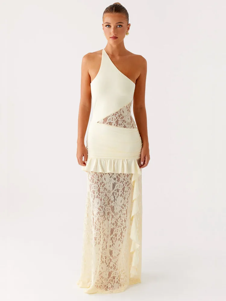 One Shoulder Sheer Lace Patchwork Maxi Dress Women's Backless Lacing Sexy Fashion Sleeveless Ruffles Long Dress Partywear