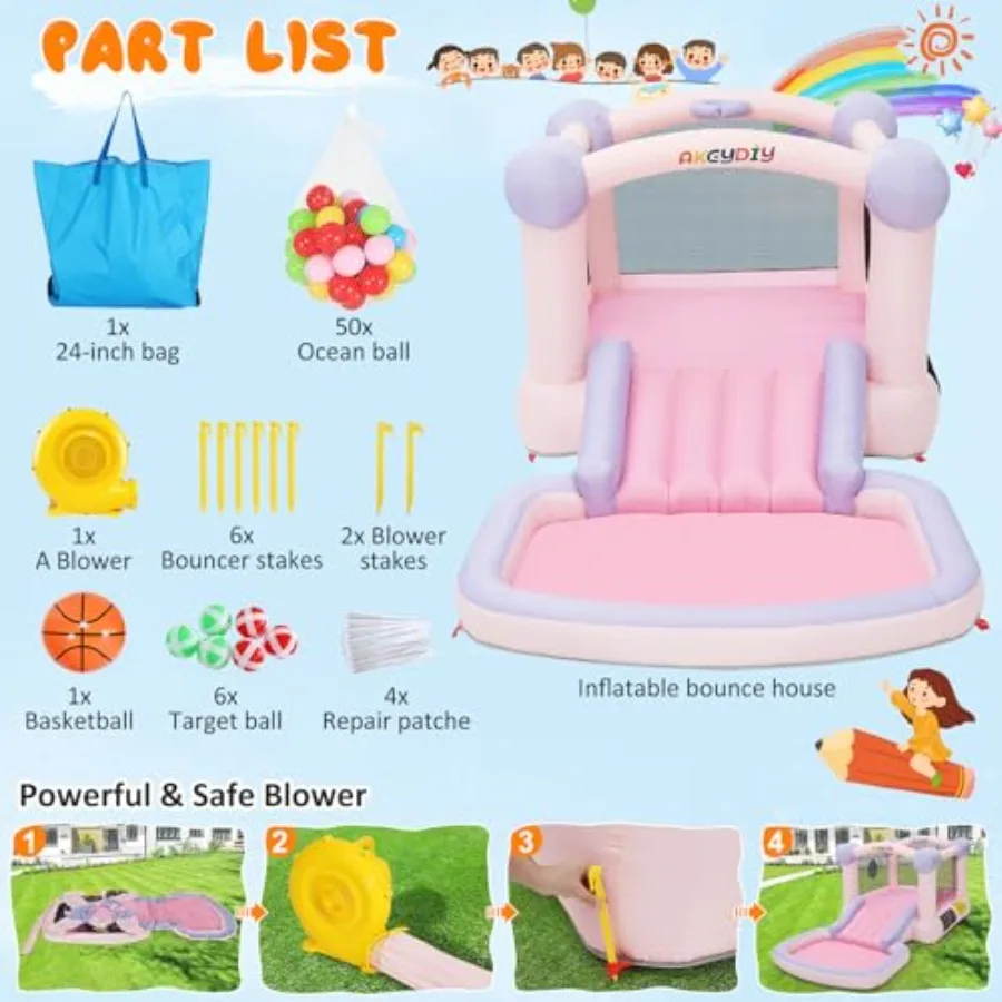 Casa de rebote con piscina de bolas, casa inflable para castillo de salto todo en uno, piscina de tobogán ancho, soplador de aro de baloncesto incluido