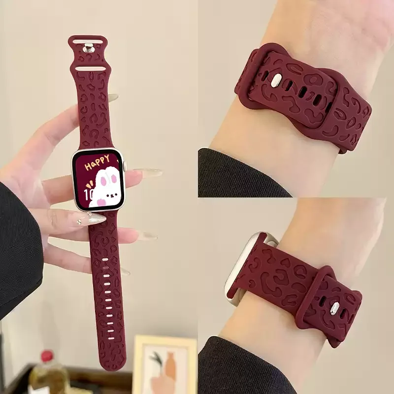 3D Carved Leopard Texture Silicone Strap For Apple Watch Series 11 10 9 8 7 6 5 SE Ultra Fits 49-38mm Tactile Raised Pattern Men
