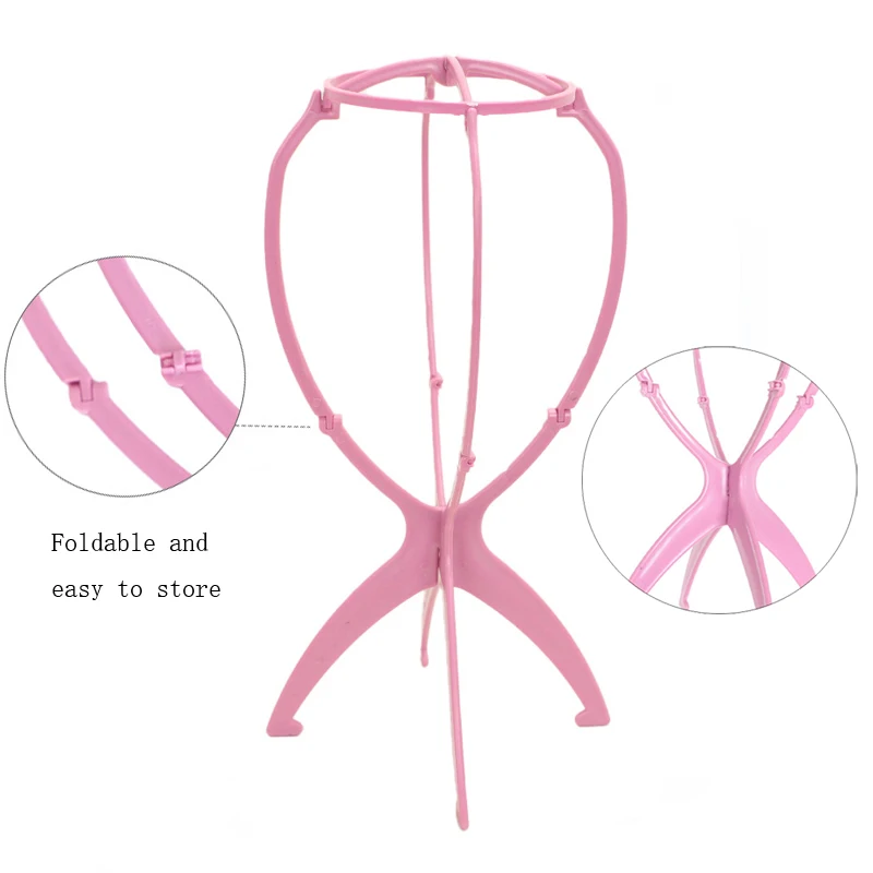 Foldable Wig Holder Hat Display Bracket Pink Plastic Wig Stand For Displaying/Drying Hat Wigs Travel Portable Wig Stands