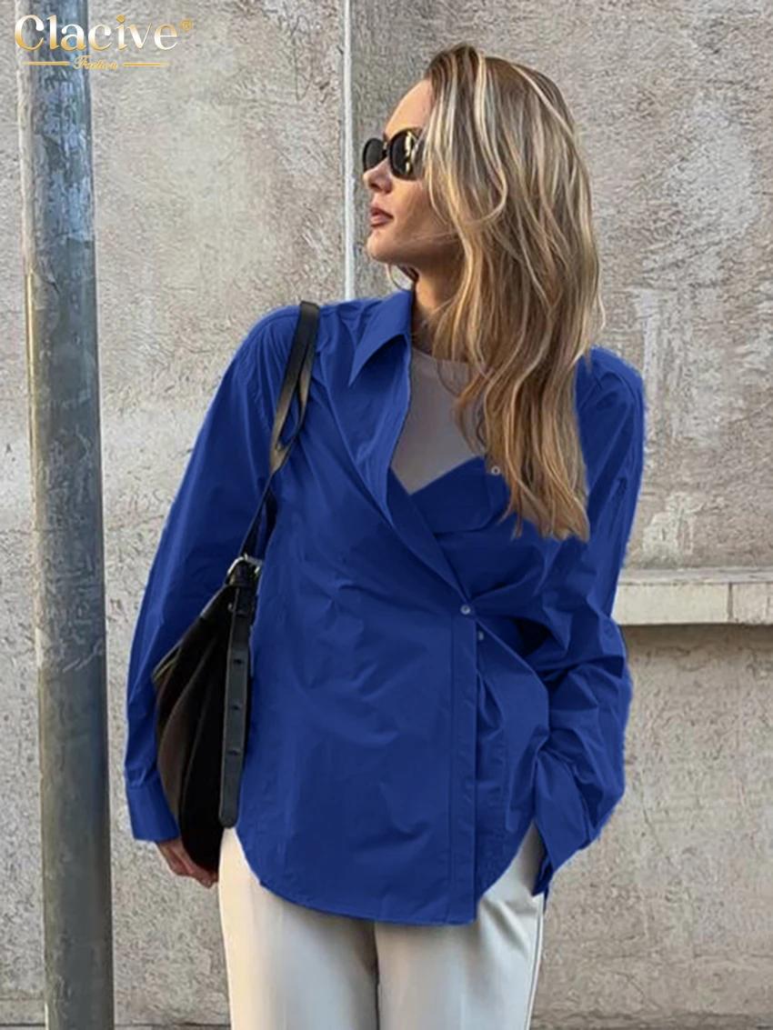 Clacive Fashion Loose Blue Cotton Women's Shirt 2025 Casual Lapel Long Sleeve Blouse Elegant Chic Solid Tops Female Clothing
