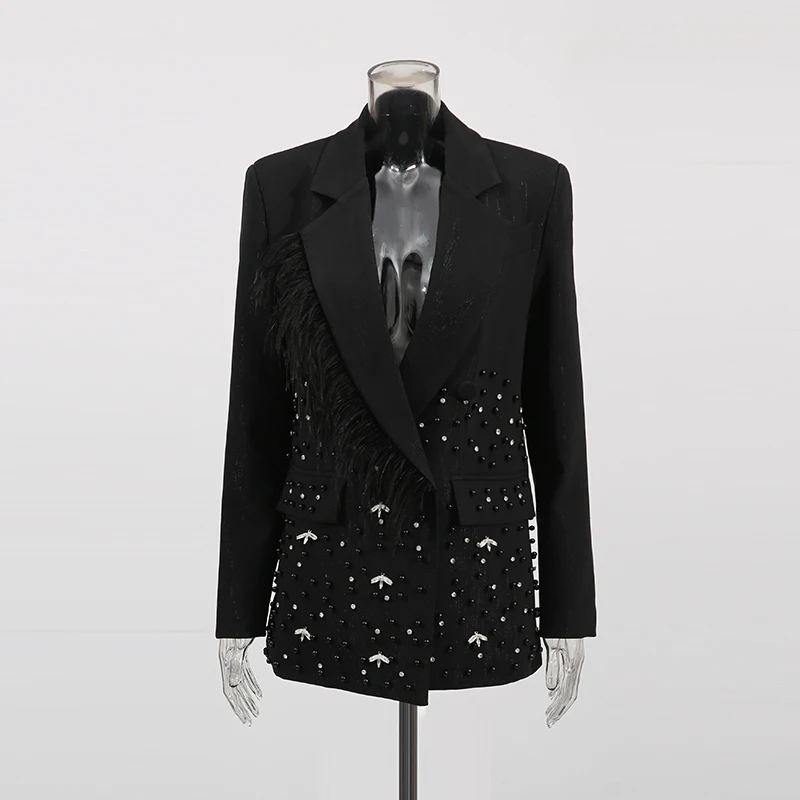 TWOTWINSTYLE solide épissé diamants blazers amples pour les femmes revers à manches longues tempérament Patchwork plume manteau femme
