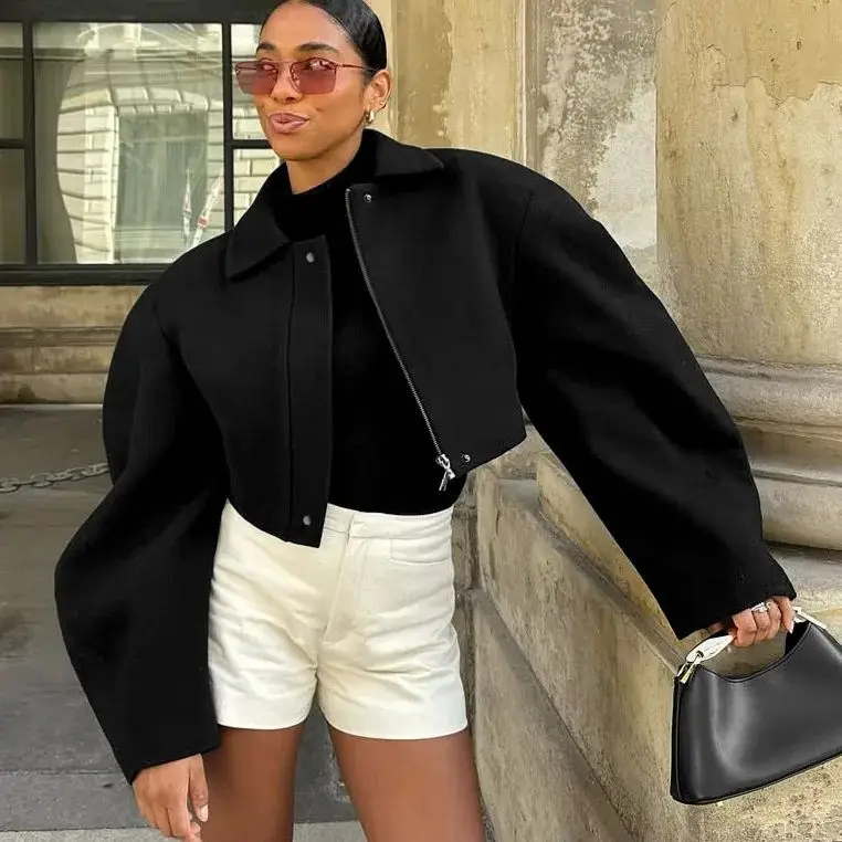 

Bla Autumn Women's Woolen Coat Lapel Collar Zipper Fly Cleanfit Sle Polypropylene Material A-Line Sve Ladies irt