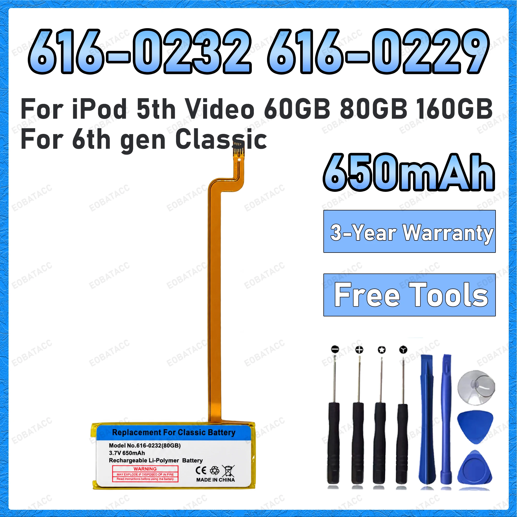 616-0229 616-0232 Battery For iPod 5th Video 60GB 80GB For 6th gen Classic Thick 160GB 616-0232 Battery Video5th 30GB A1238