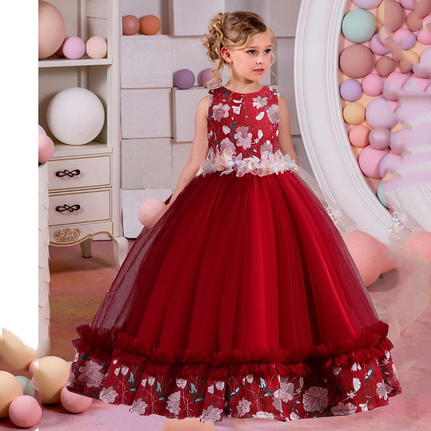 

HXCMall Little Girls 3D Flower Birthday Party Formal Evening Pageant Long Dance Party Gown AC101