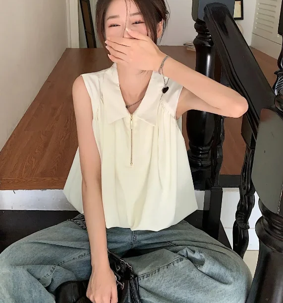 

Elegant Summer Blouse Polo Collar Sleeveless Vest Solid Color High-Quality Top Women French Blouse Woman Flower Bud Shaped Vest