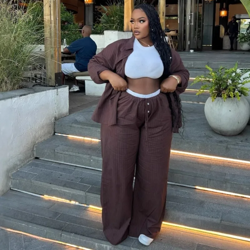 Plus Size Striped 2 Piece Set Summer Elegant Women Button Up Shirt & Elastic Waist Wide Leg Pants Casual Loose African Outfits