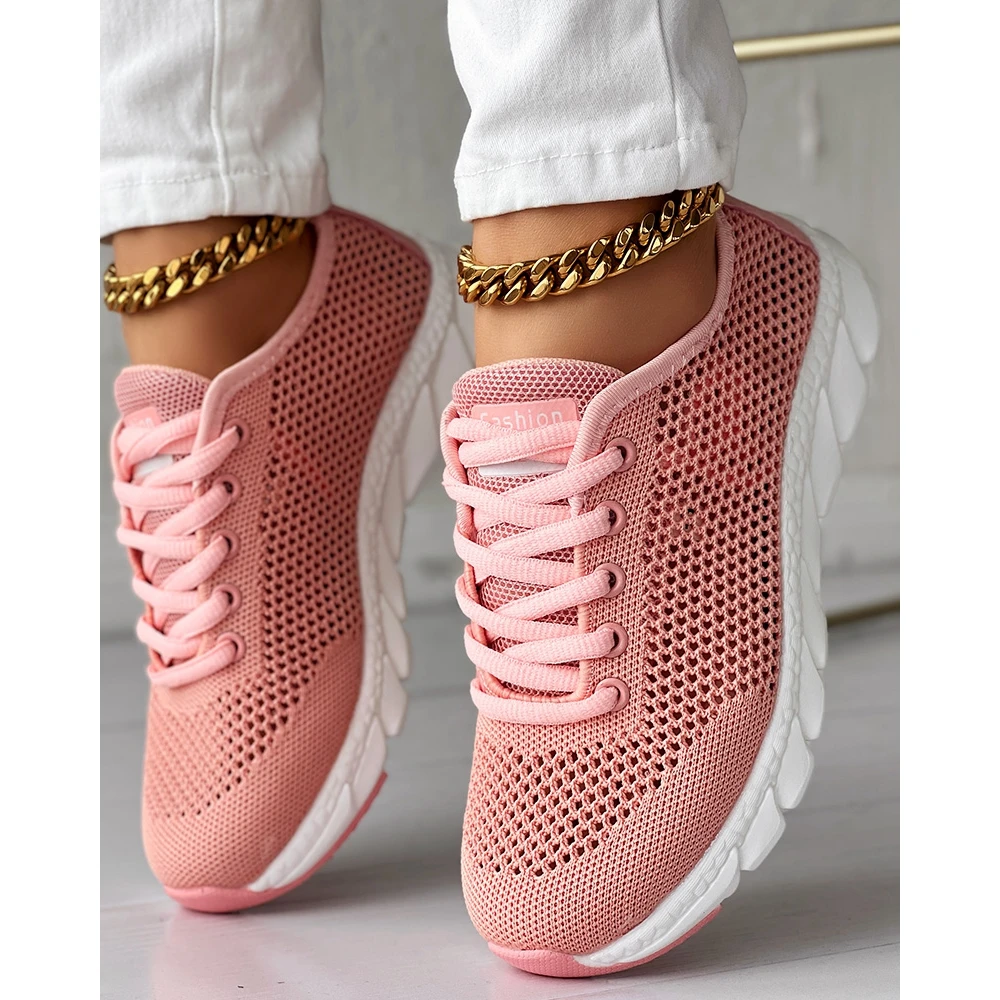 Women Hollow Out Breathable Mesh Lace-up Sneakers Casual Round Toe Flats Pink Sports Shoes Spring Daily Fashion Going Out Shoes