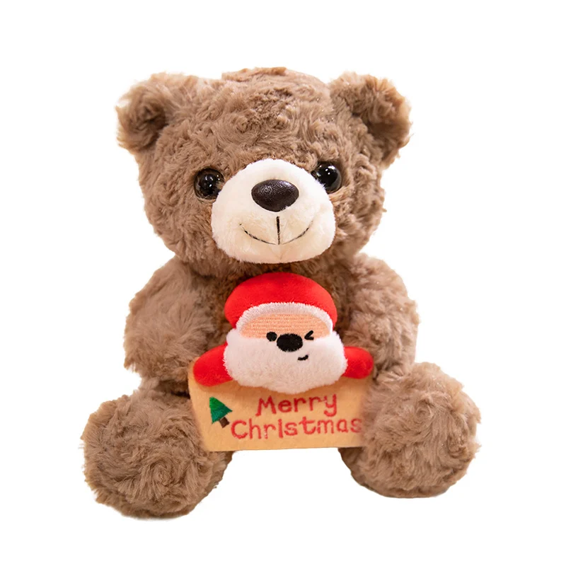 Lovely Curly Brown Teddy Bear Plush Doll with Christmas Tree Gingerbread House Santa Ornament Stuffed Animal Holiday Present