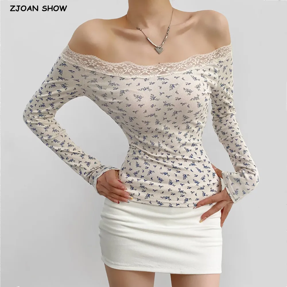 

5 colors 2025 Autumn Women Splice Lace Slash Shoulder T-shirts Long Sleeved Slim Tee Floral Print Base T shirts