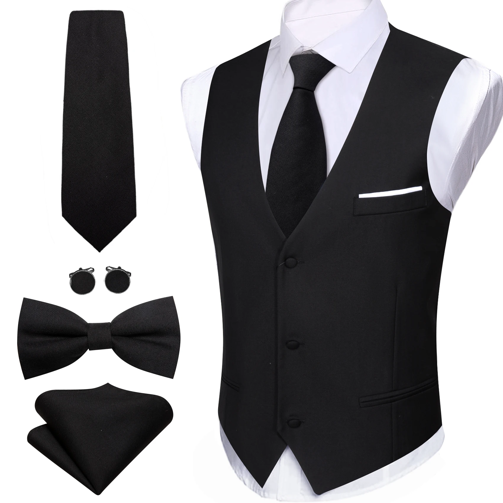 Barry.Wang Stylish Silk Men Vest Tie Bowtie Hanky Cufflinks Set 3 Button Waistcoat Sleeveless Jacket Male Wedding Business Party