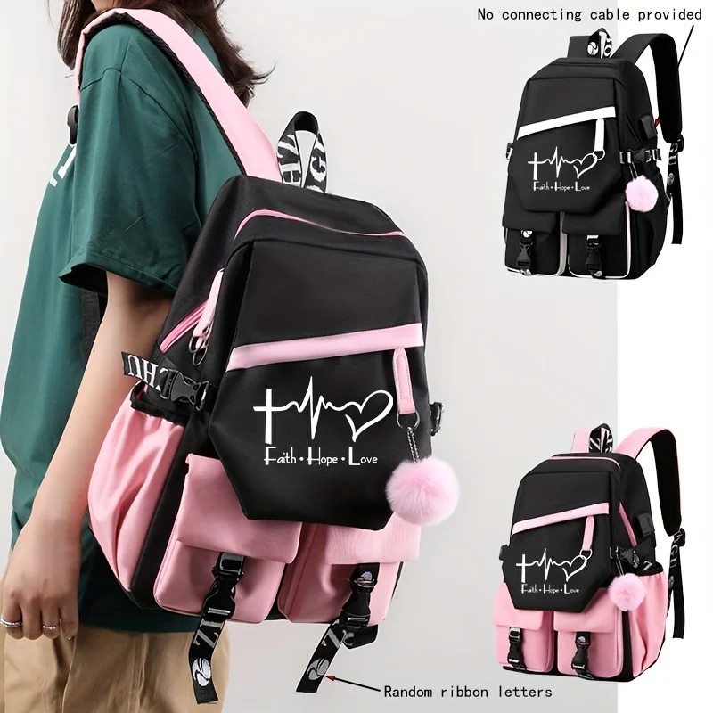 

Шикарный черный рюкзак из ткани Оксфорд с розовыми акцентами и пушистым помпоном — принт Faith Hope Love, регулируемые ремни, отделение для ноутбука