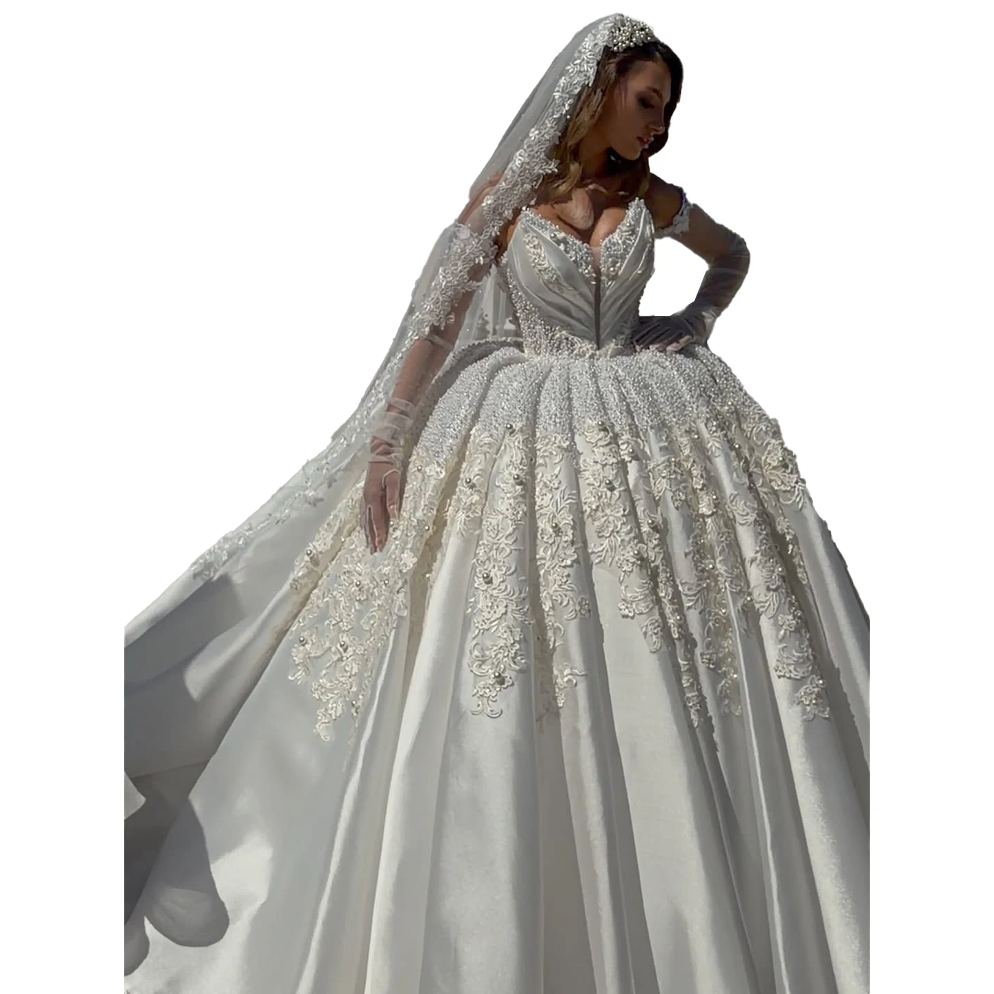 Luxury White Off Shoulder Ball Gown with Deep V-Neck 3D Pearl Lace Applique Bridal Dress Vestido de Noiva Customized D261684