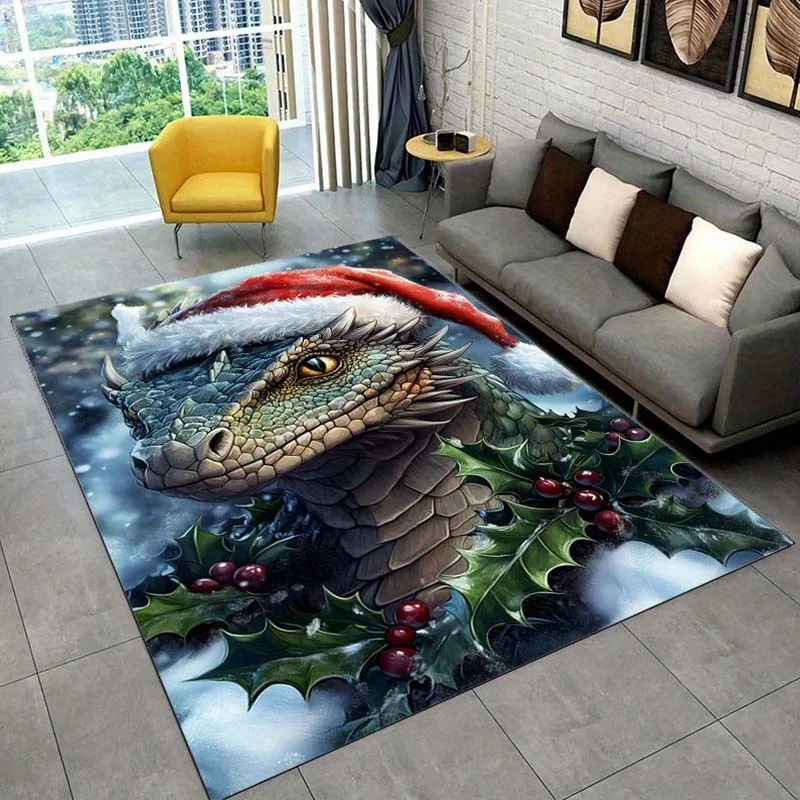 

Christmas Dragon Rug Festive Holiday Carpets Green Dragon with Holly Berries Design Winter Seasonal Decor Skid resistant carpet