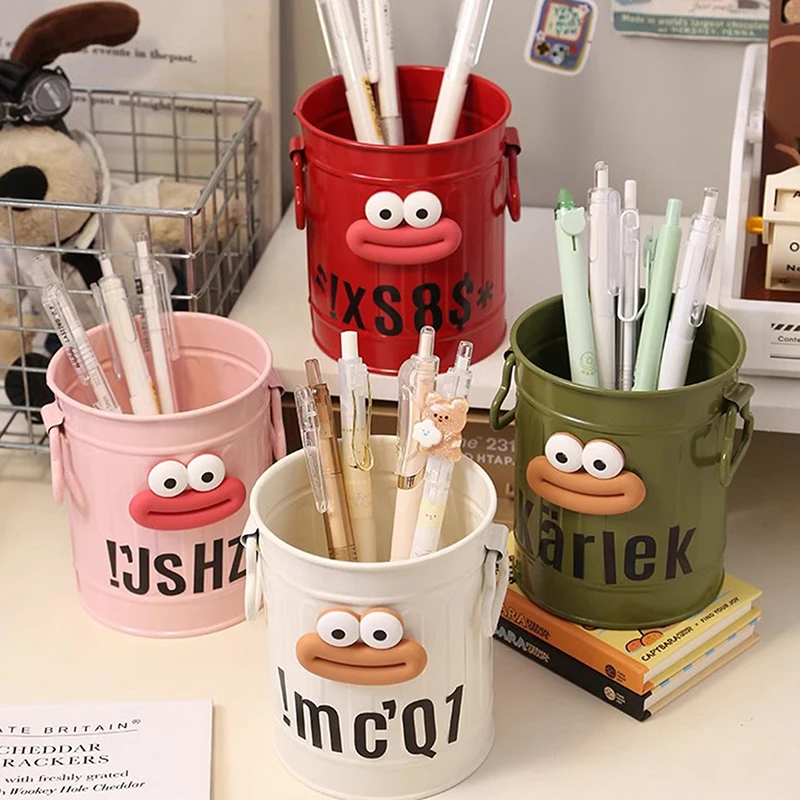 Niedliche Karikatur runde Bleistift halter Büro Schreibtisch Stift Tasse Fall Veranstalter dauerhafte Eisen Stift Container Schüler Briefpapier