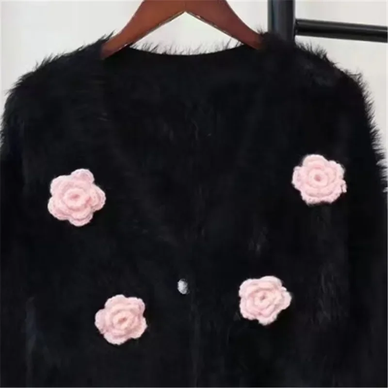 แฟชั่น 3D ดอกไม้ Jacquard ถักเสื้อสเวตเตอร์ถักผู้หญิง Soft Mink เสื้อกันหนาวเพชรปุ่มสตรี Mohair เสื้อถัก