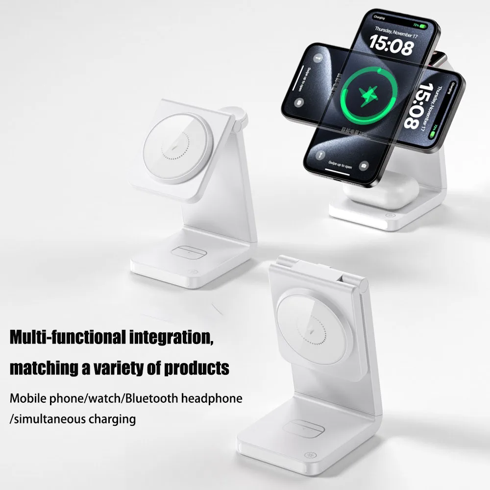 3-in-1 Magnetic Wireless Charger Desktop Folding Stand 15W Fast Charging for iPhone15Pro/Bluetooth earphone/iWatch Simultaneousl