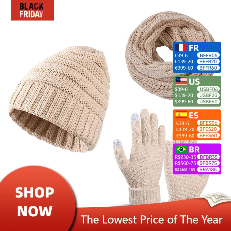 Fashion Knitted Hat, Scarf, Glove, 3-piece Winter Trend Imitation Cashmere Warmth Set Men and Women Clothing Accessories Gift