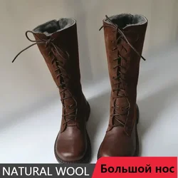 Big Noses Winter Long Wool Boots Genuine Cow Leather Warm Snow Boots Wide Toe Thick Wool Sheepskin Fur Knee-high Women's Boots