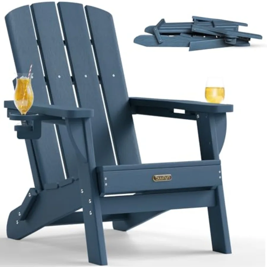 

Folding Adirondack Chair for outdoor patio garden use, HDPE all-weather material, new blue color, features 2 cup holders and du