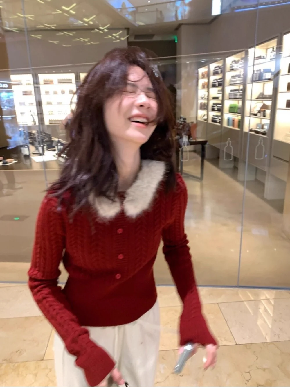 

Cisas New Year Red Fur Collar Women's Knitted Sweater Slim Fit Autumn Winter Outerwear Twisted Soft Polyester Fiber