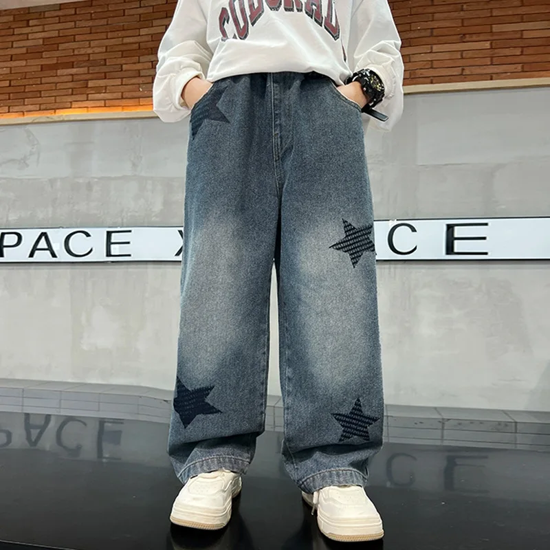 

Boys Fashion Star Pattern Print Loose Jeans Children Vintage Straight Denim Cargo Pants Teens Spring Autumn Casual Trousers