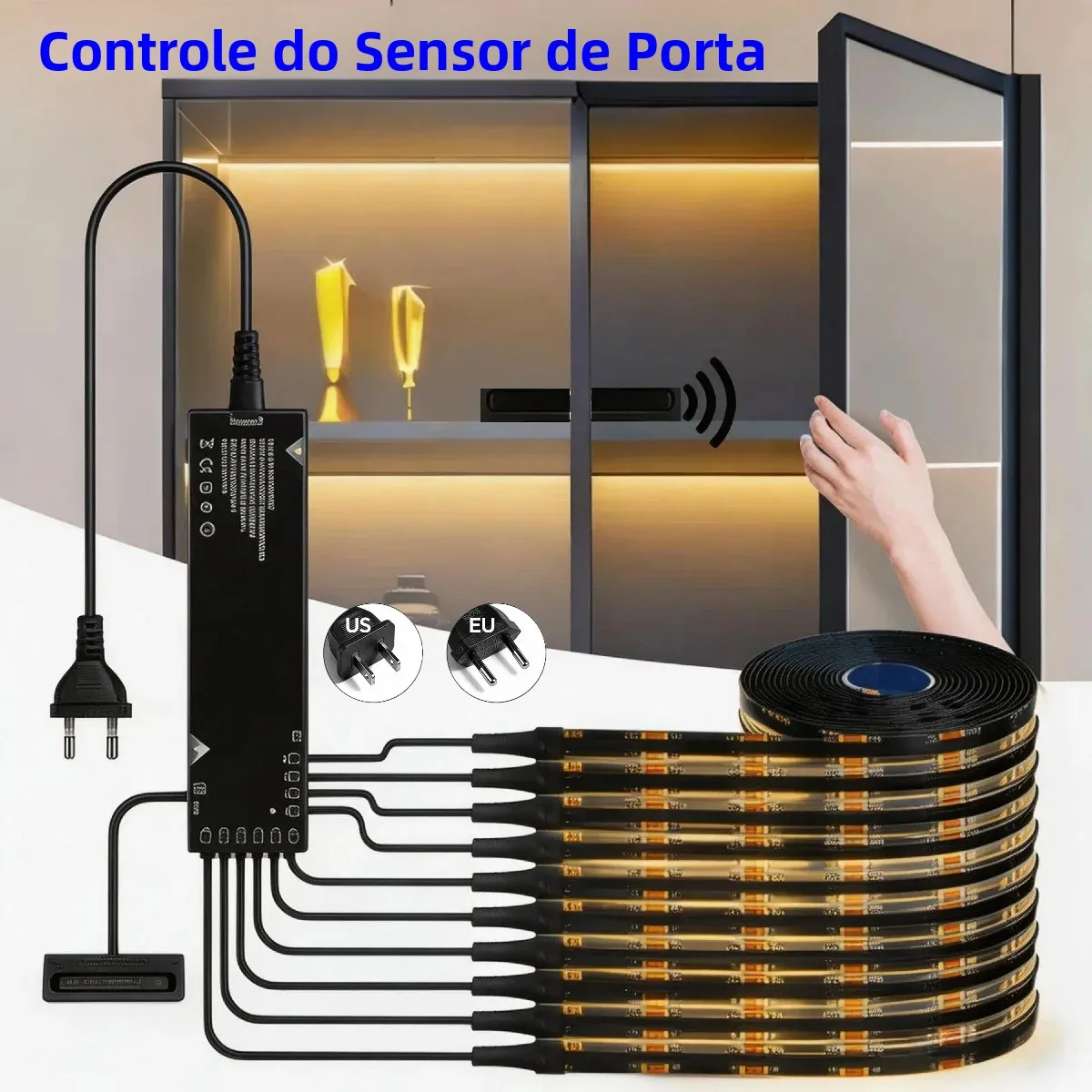 Kit de Fita LED COB para Armário com PCB Preto, 1-10 Peças, com Controle Inteligente por Sensor de Porta, DC12V, Adesivo Traseiro, Cortável, Branco Quente/Neutro