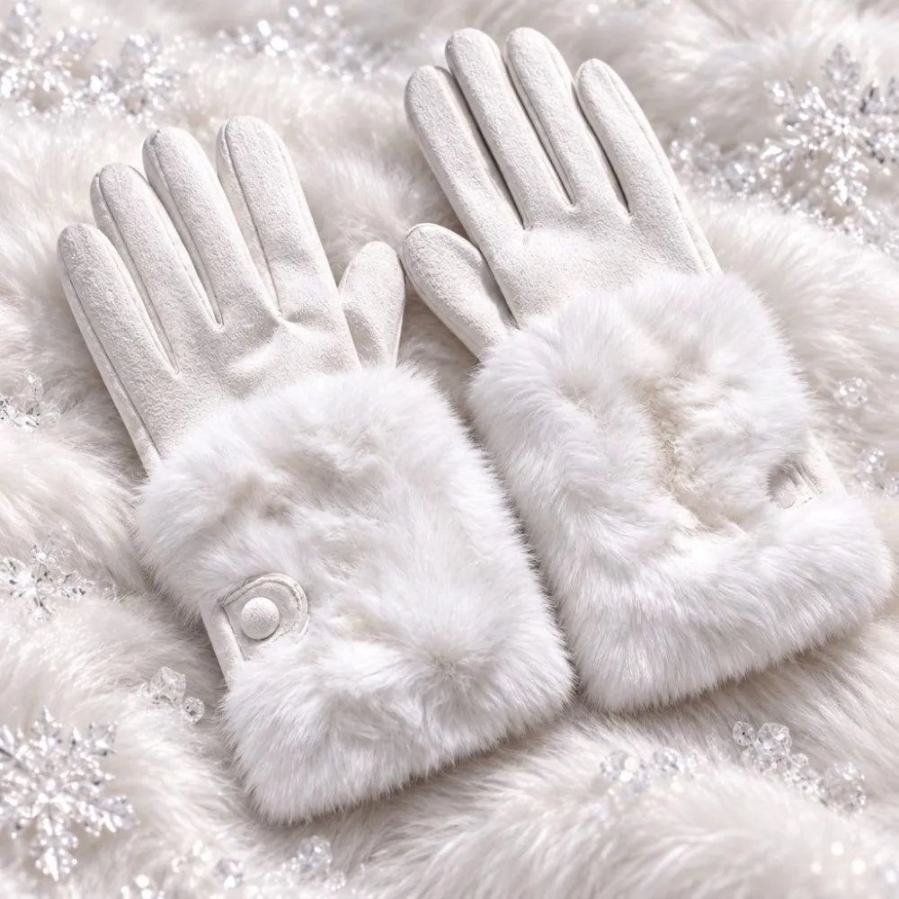 Chic Plush Thermal Gloves Polyester Touchscreen Winter Warm Gloves Buckle Design Non-Elastic Split Finger Gloves Commute