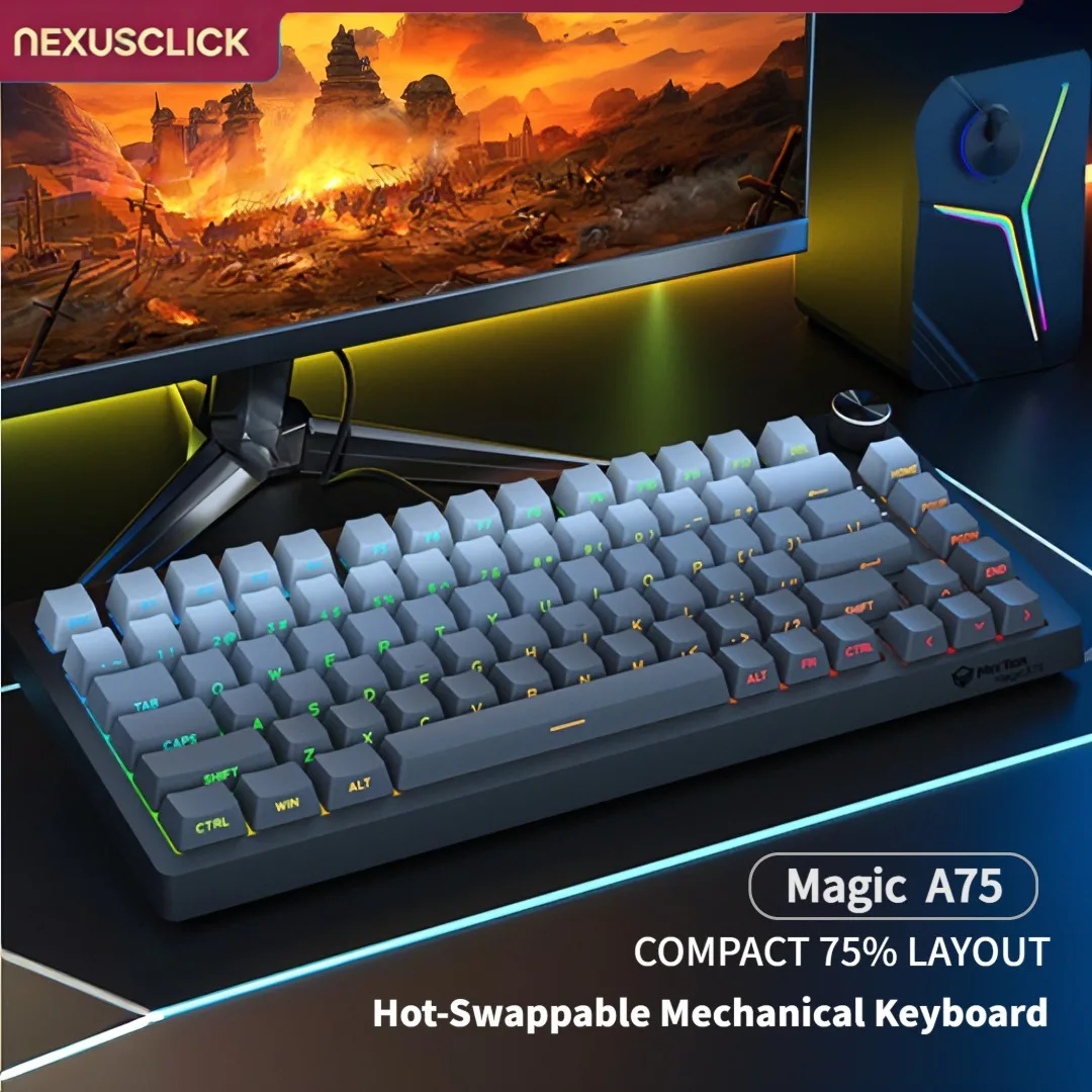 NexusClick 75% Hot Swappable Mechanical Gaming Keyboard,Wired 8K Polling Rate RGB Backlit Tactile Knob Ergonomic Gaming Keyboard
