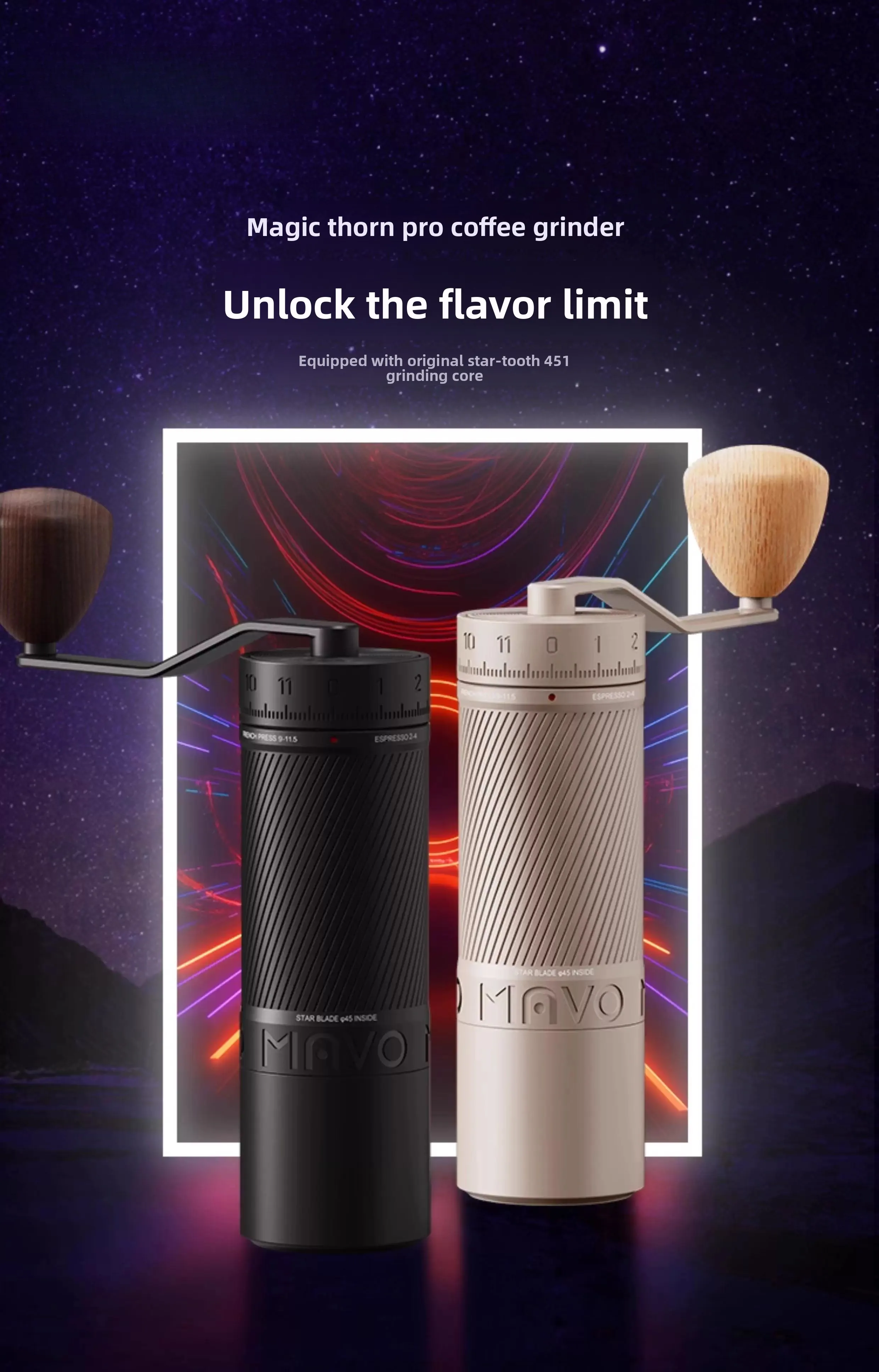 

Phantom Thorn PRO Manual Coffee Grinder - 45mm Star Burr, 120 Grind Settings for Espresso & Pour Over