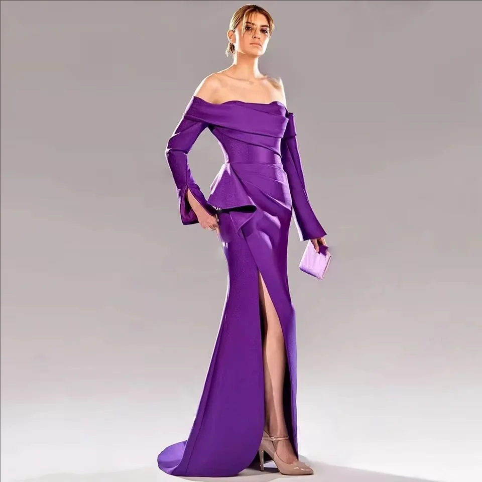 

Off The Shoulder Satin Formal Occasion Dresses Prom Dress Ruched and Sexy Side Split Trumpet Party Dress Customized