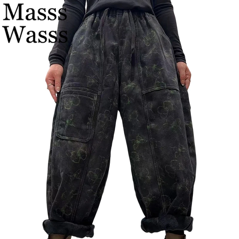 Masss Wasss Korean Womens Vintage Classic Fur Denim Pants Winter Fashion Printed Thicken Jeans 2026 Females Casual Warm Trousers