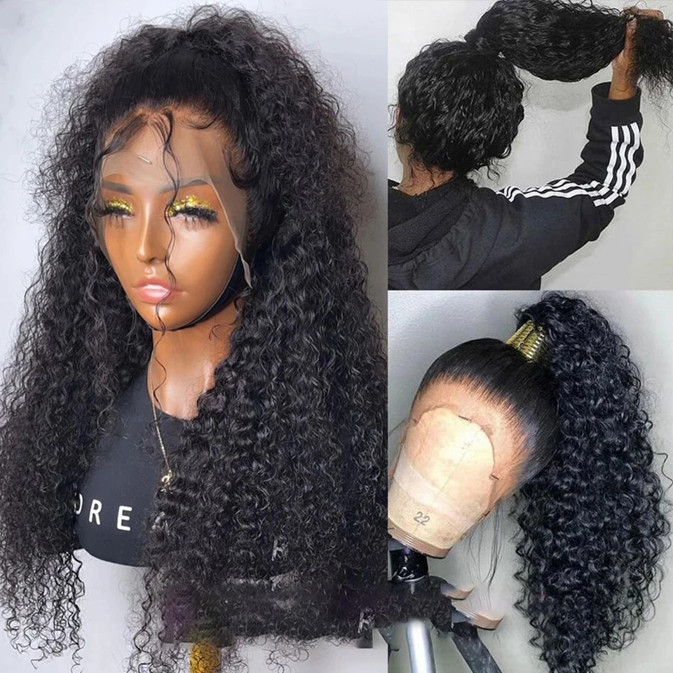 

Soft 26Inch 180%Density Natural Black Kinky Curly Long Preplucked Glueless Lace Front Wig For Women With BabyhairDaily Cosplay