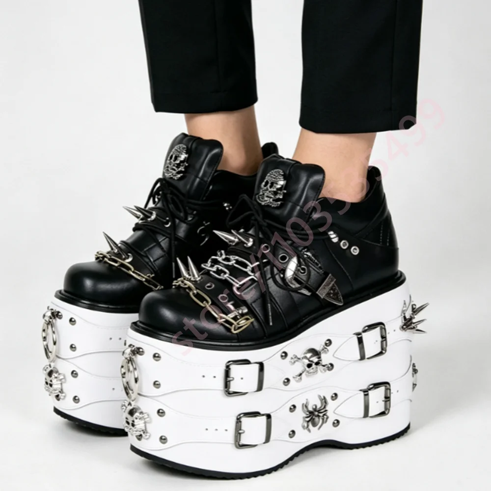 Black White Contrast Platform Ankle Boots Women Spider Spike Chain Buckle Decor Gothic Punk Wedge High Heel Streetwear Booties