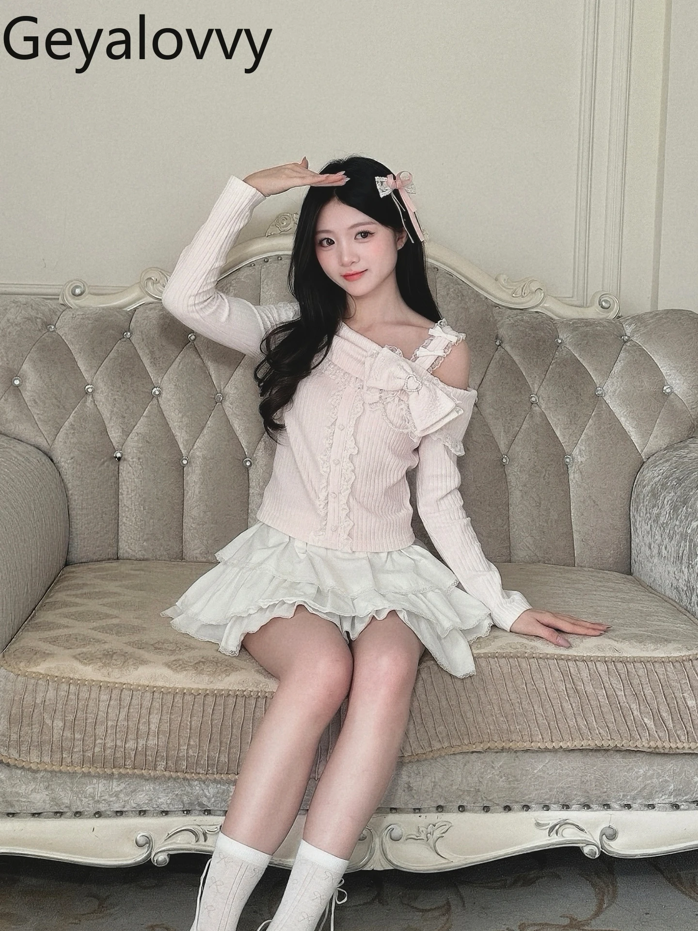 Autumn New Original Design Sweet Girls Off-Shoulder Knitwear Versatile Long Sleeve Slimming Inner Short Top and Skirt Set