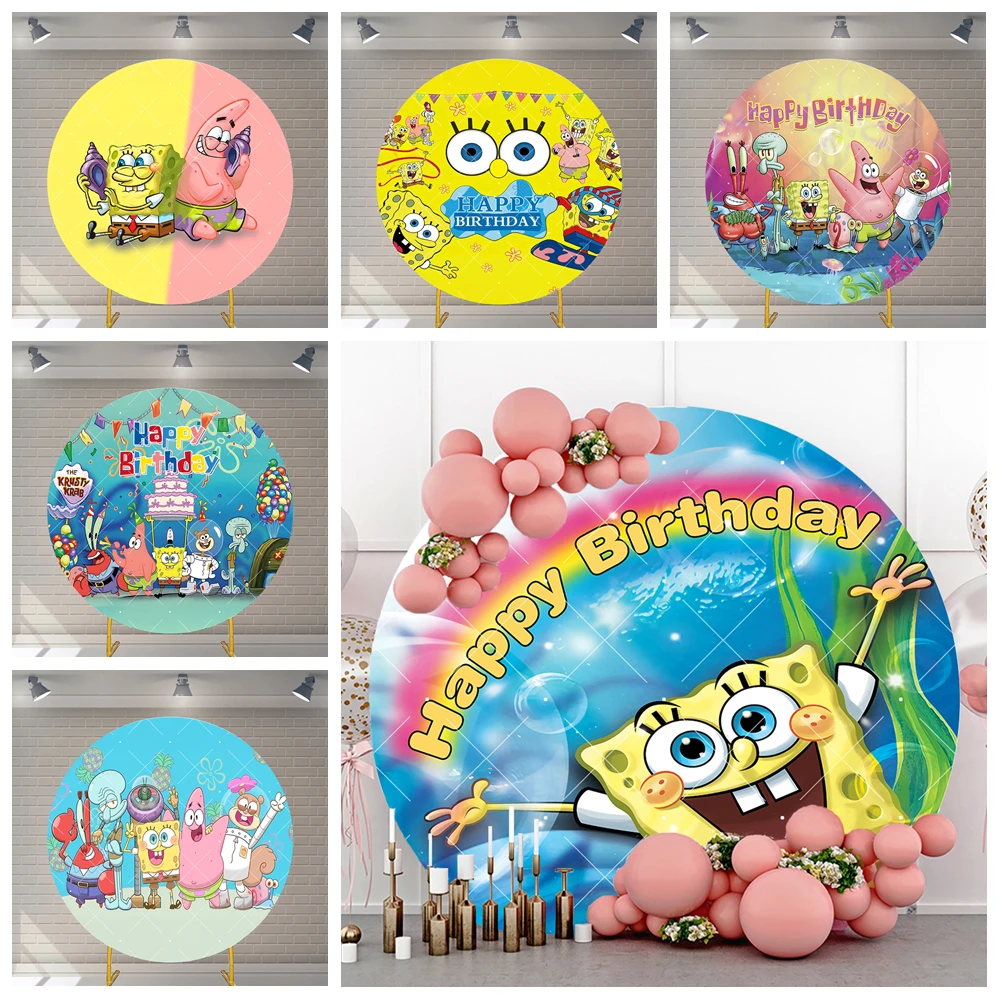 

Spongebob Squarepant Round Photography Background Custom Bikini Bottom Pineapple House Kid Boy Girl Birthday Party Decor Poster