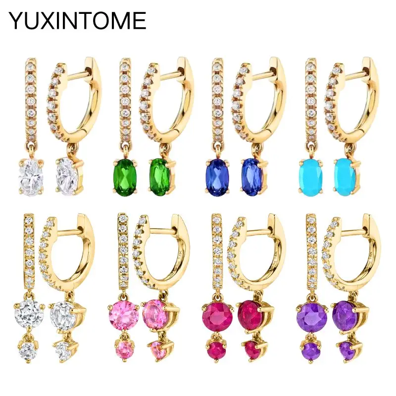 

925 Sterling Silver Ear Needle Luxury Oval/Round Pendant Hoop Earrings for Women Colorful Zircon Gold Earrings Fashion Jewelry