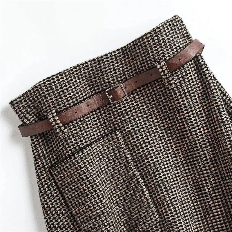 Vintage Plaid Knitted Woolen Midi Skirts Women Houndstooth Belt A Line Skirt Korean Elegant High Waist Slim Casual Skirts New