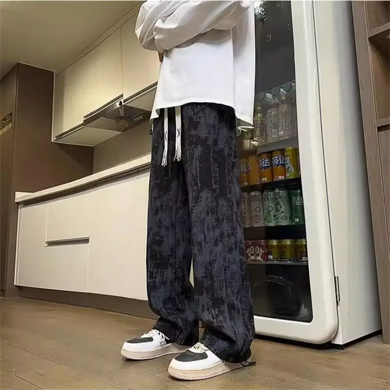 

Men's Trendy Casual Thiened Fce Autumn Winter Wide Leg Pants Dstring Sports Trousers Loose Fit Straight Cut Leisure P...