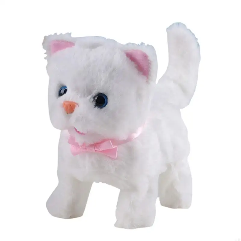 L38E Battery Powered Furry Plush Cats Electric Pet Toy With Lighted Ear BowTie And Moving Action for Toddler Crawl Learning