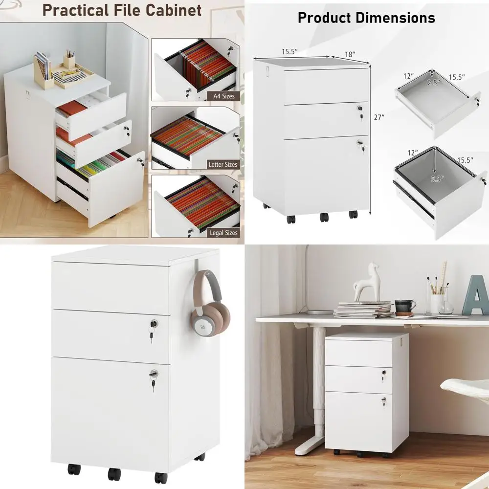 

Secure 3-Drawer Letter/A4 File Cabinet, 27 Mobile Storage with Hooks and 4 Keys for Home Office (White)