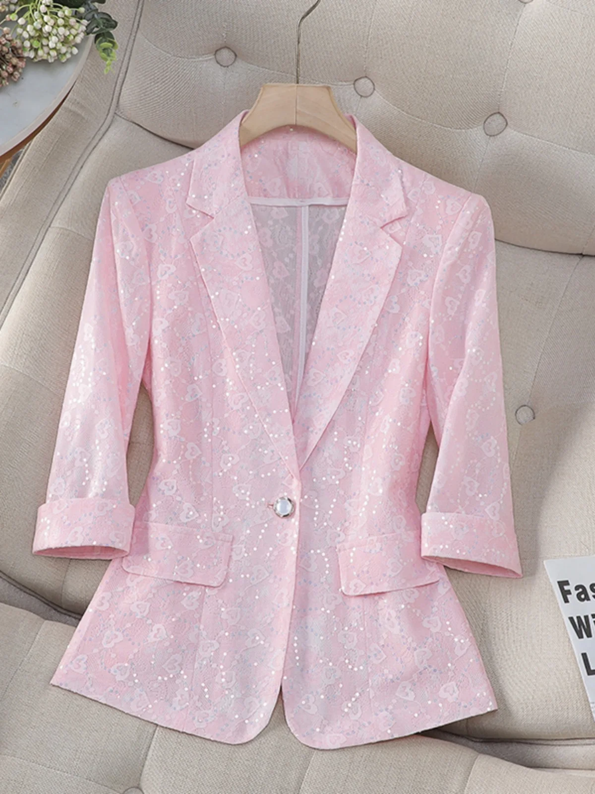 

Women's Lace Hollow out Sequin Suit Jacket Slimming Waist Design Spring Summer New Style Commute Style Floral Patterned