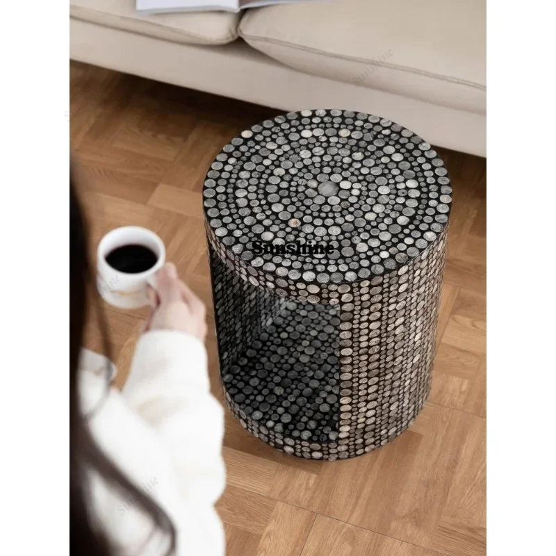 American Retro Round Side Table Creative Shell Inlay Accent Furniture for Living Room Sofa Corner DecorY