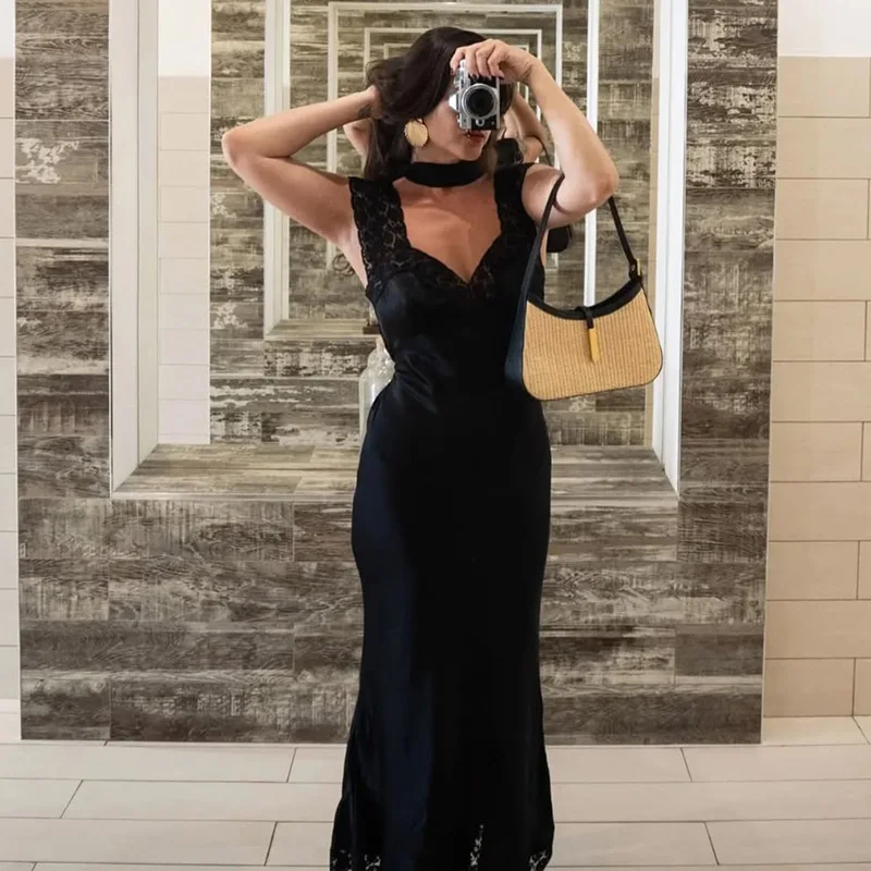 Satin V-neck Long Dress Women Sexy Sleeveless Lace-up Party Dresses Elegant Lace Slit Maxi Dresses 2026 Spring Vestidos