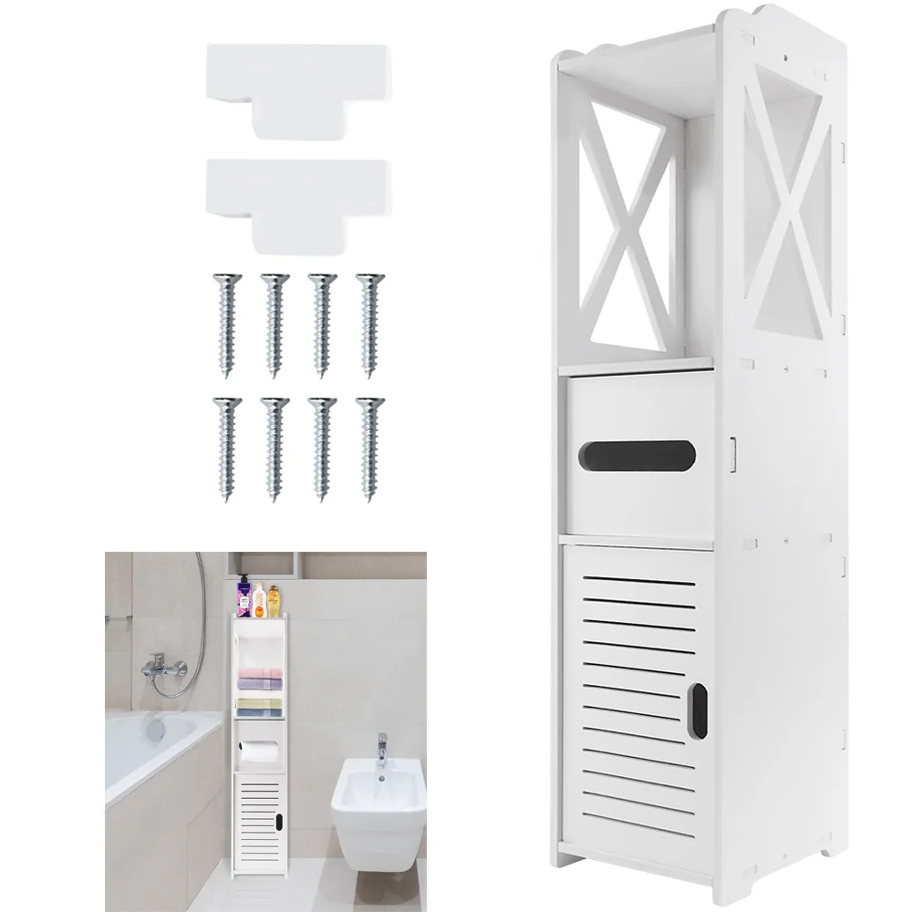 Bathroom Floor Cabinet Free Standing slim bathroom cabinet with Paper Towel Drawer & Cupboard Storage Organizer Home Furniture