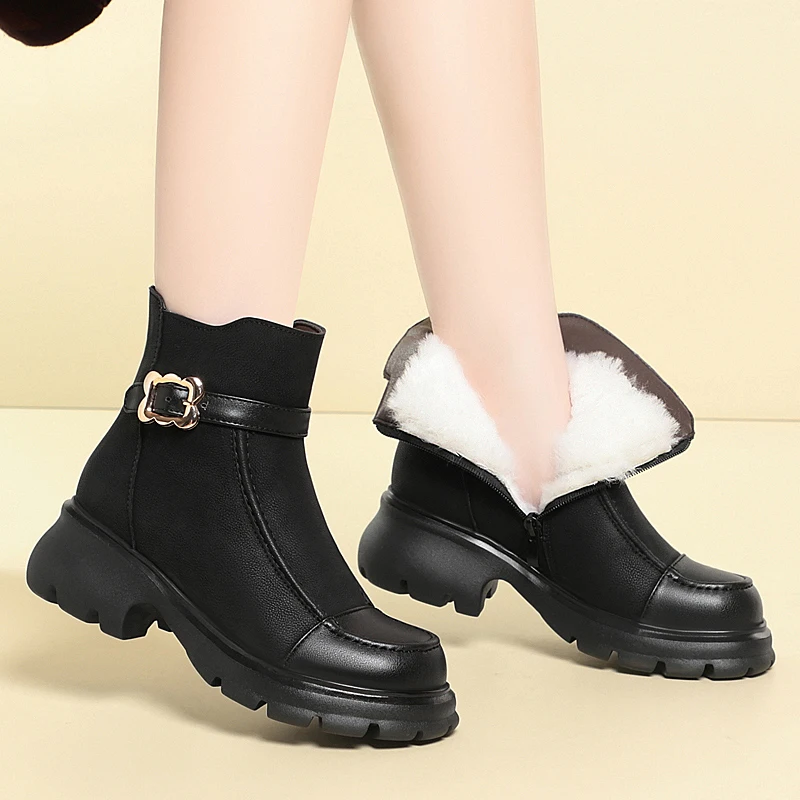 AIYUQI Damen Stiefeletten aus echtem Leder 2024, Vintage-Biker-Stiefel, Damen-Plattform, modische Schneestiefel aus natürlicher Wolle für Damen