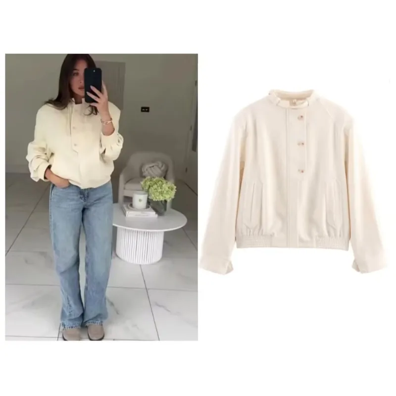 Women's Solid Color Textured Button Jacket Autumn Fashion Casual Short Loose Fit Long Sleeve Zipper Female Coatl  Tops