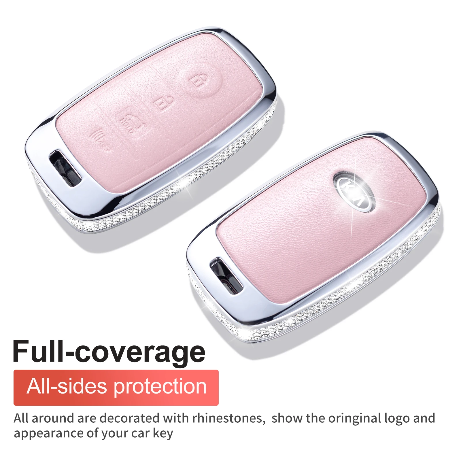 Key Fob Cover for Kia NIRO Forte Optima Sorento Rio Soul Sportage, Pink Genuine Leather Crystal Car Keys Shells Cases 4 Button F