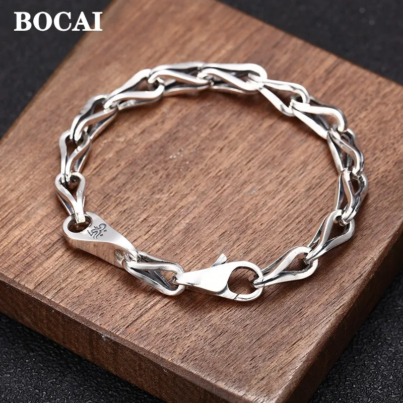 

BOCAI New Real S925 Silver Jewelry Retro Fashion Personalized Melon Seed Chain Simple Six-Word Truth for Men and Women Rracelet