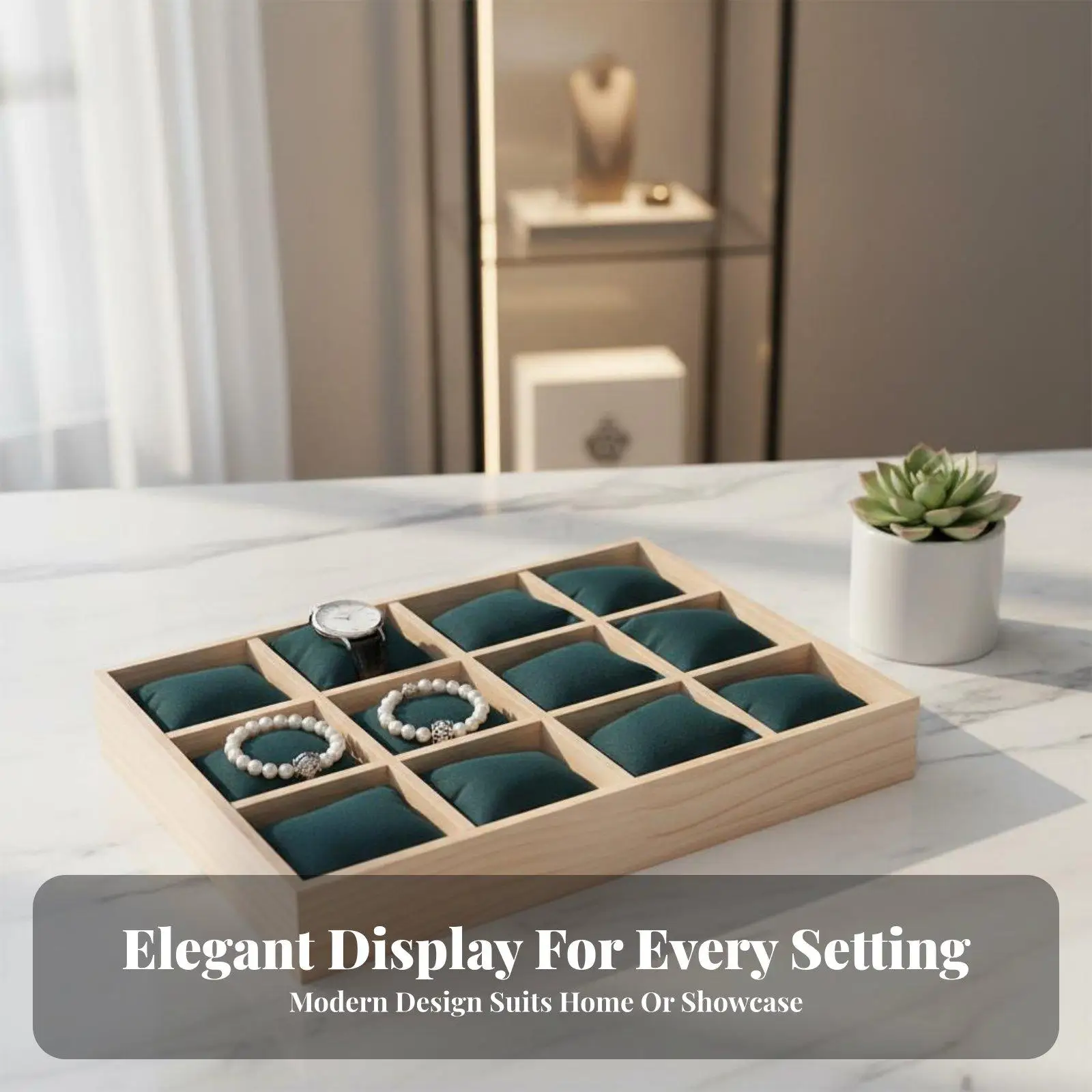 Wooden Jewelry Storage Tray with 12 Cushioned Sections for Bracelet Necklace Display Stand Organizer for Jewelry Shop